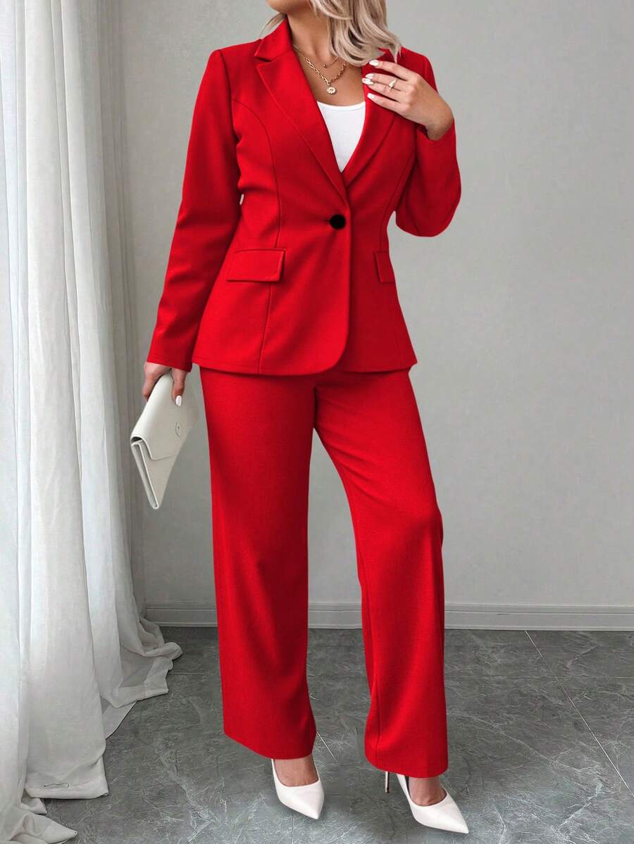 Ženski komplet sako i pantalone u jednobojnoj boji, plus size