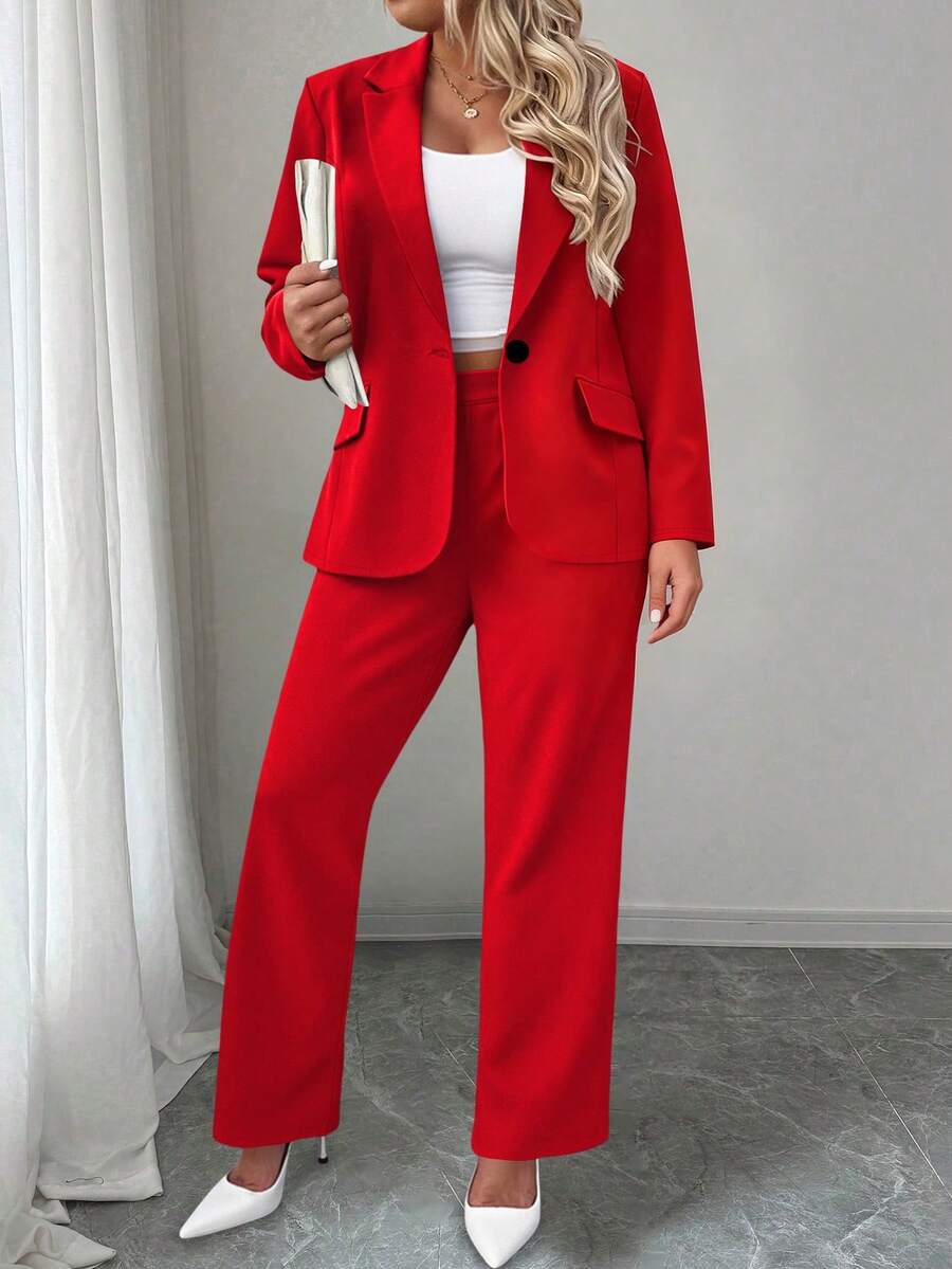 Ženski komplet sako i pantalone u jednobojnoj boji, plus size