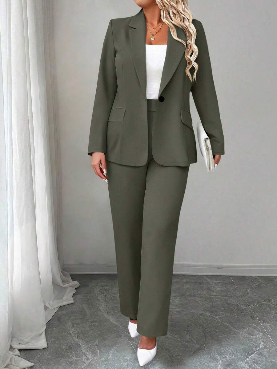 Ženski komplet sako i pantalone u jednobojnoj boji, plus size