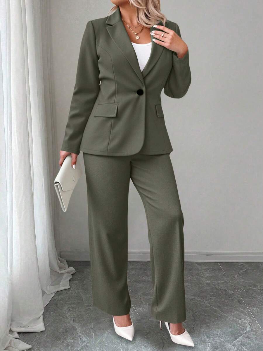 Ženski komplet sako i pantalone u jednobojnoj boji, plus size