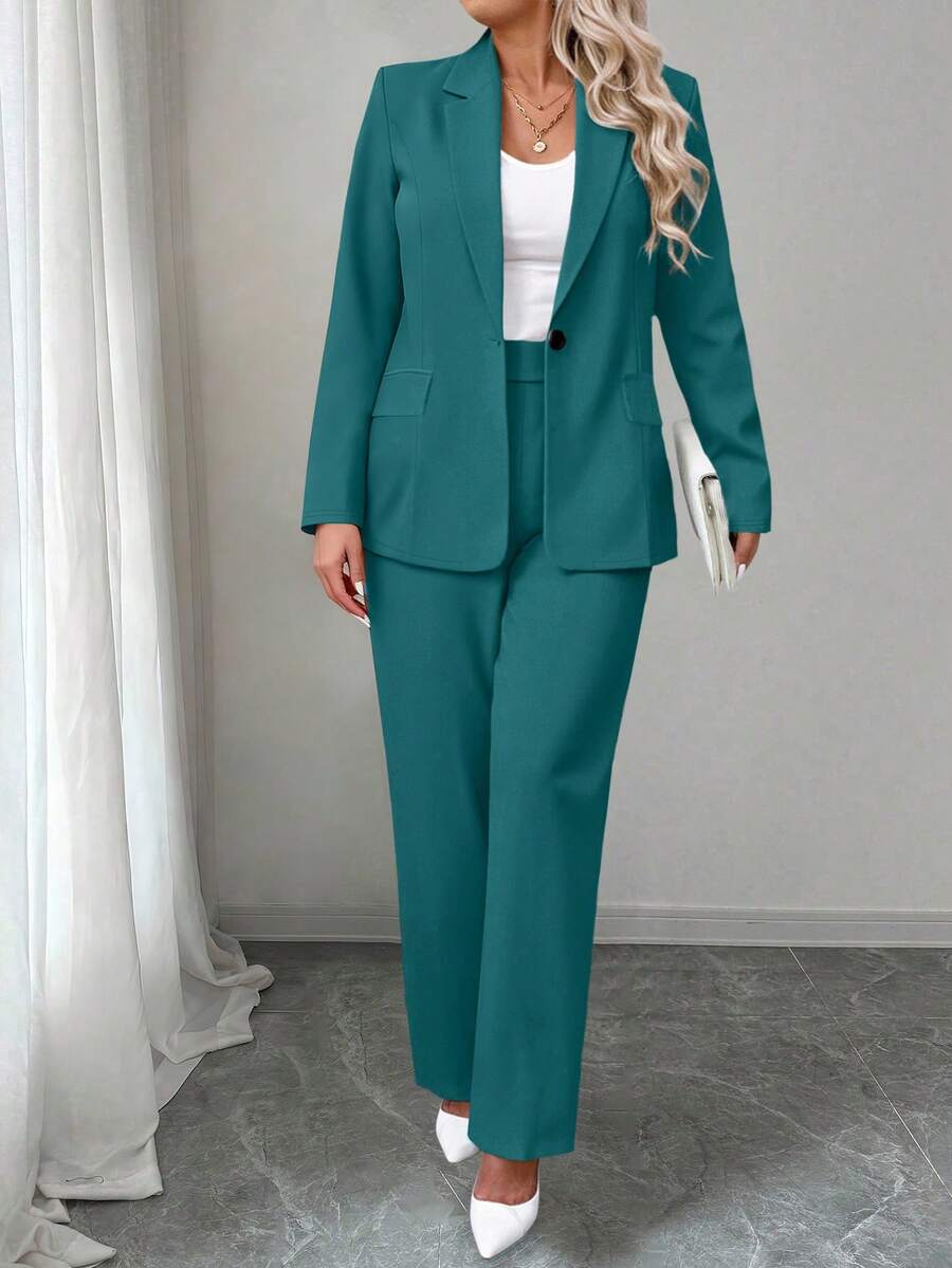 Ženski komplet sako i pantalone u jednobojnoj boji, plus size