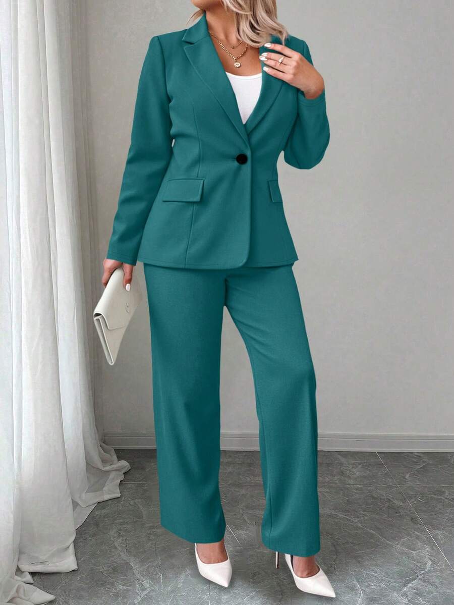 Ženski komplet sako i pantalone u jednobojnoj boji, plus size