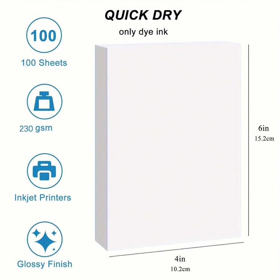 100 listova 4R foto papira, 4" x 6" premium sjajni foto papir za slike, 230 gsm