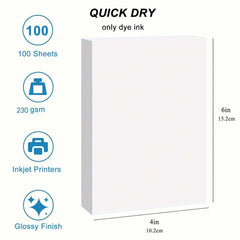 100 listova 4R foto papira, 4" x 6" premium sjajni foto papir za slike, 230 gsm