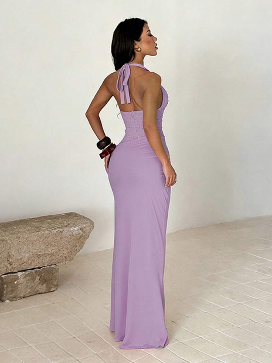 Elegantna Letnja Čipkana Haljina sa Halter Ovratnikom