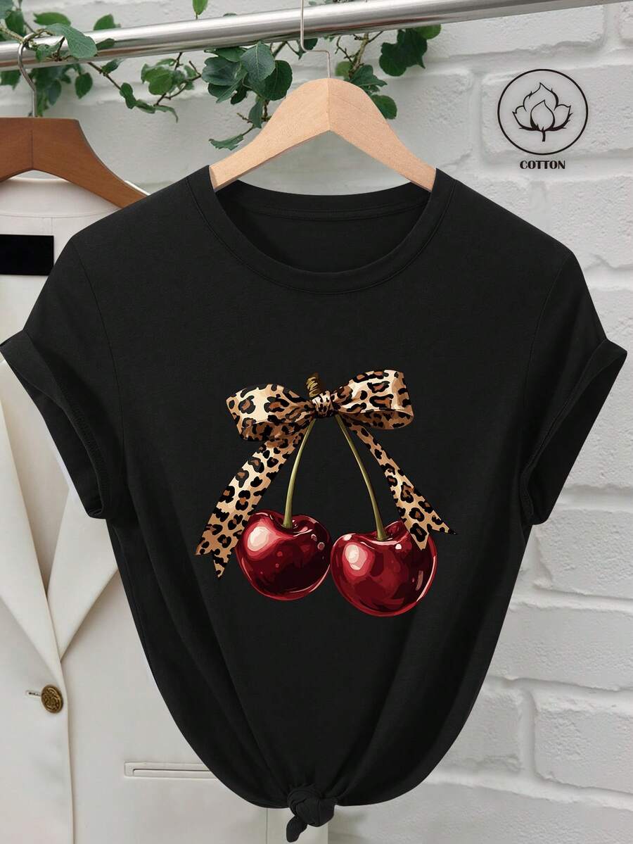 SuriyaCove Women's Cherry Print Casual Round Neck Short Sleeve T-Shirt For Summer