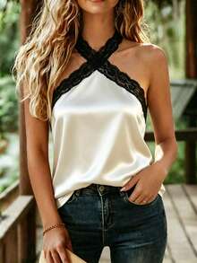Balvessa Women's Fashion Lace Patchwork Camisole,Elegant Black And White Summer Camisole For Night Out,Parties,Dates,Gatherings,Festivals,Daily Wear,Commuting