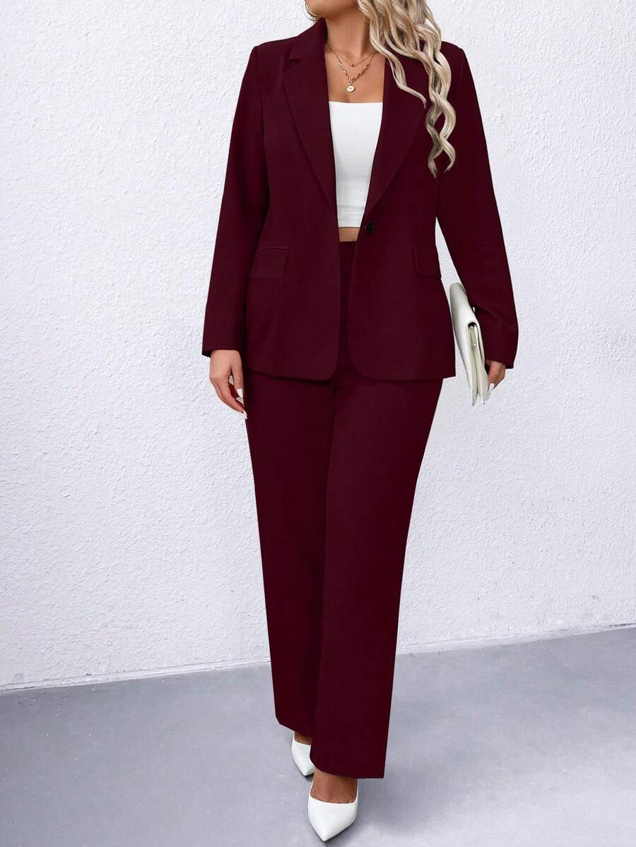 Ženski komplet sako i pantalone u jednobojnoj boji, plus size