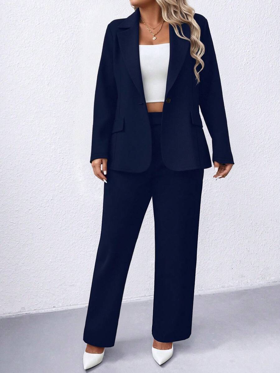 Ženski komplet sako i pantalone u jednobojnoj boji, plus size