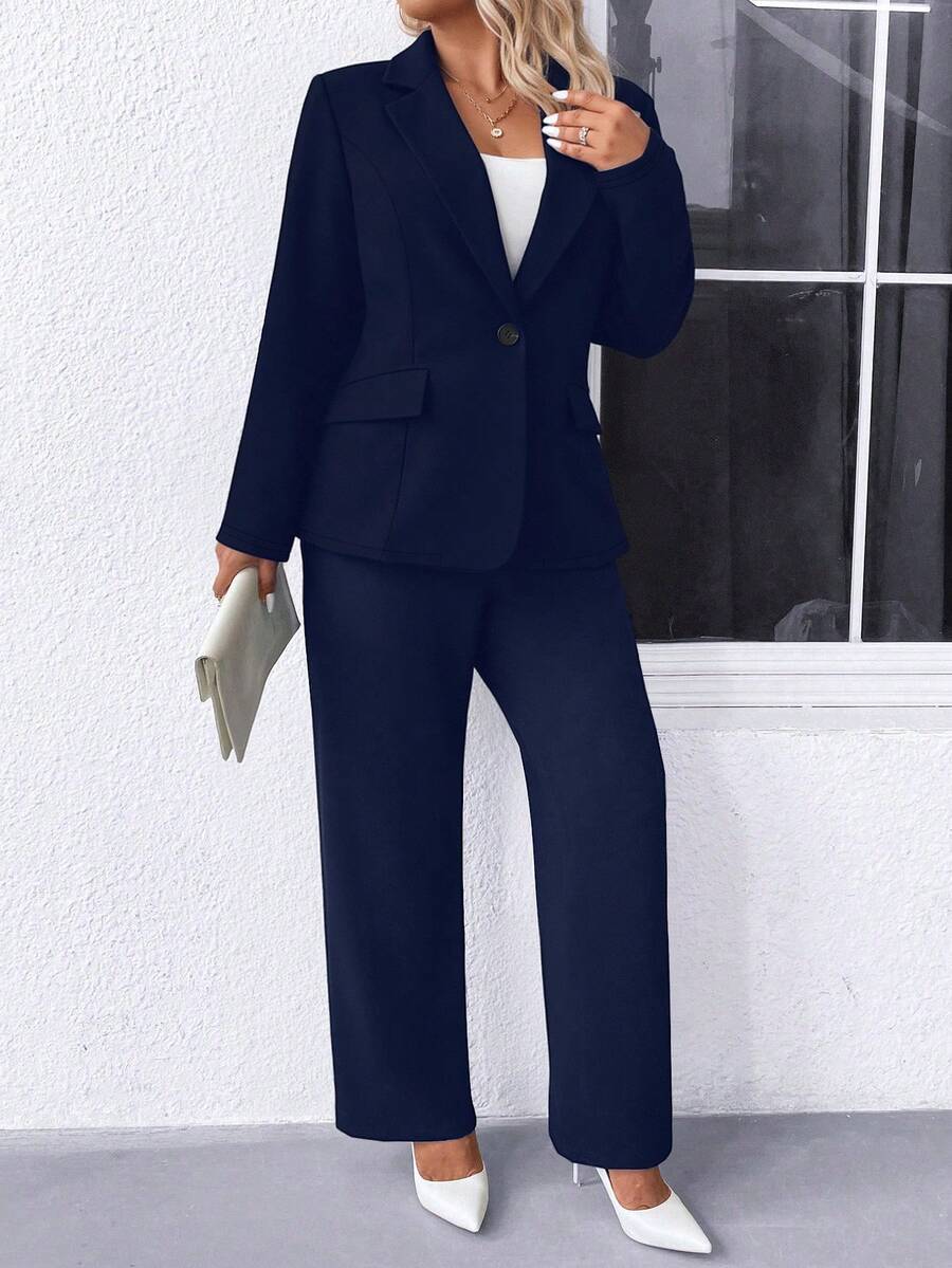 Ženski komplet sako i pantalone u jednobojnoj boji, plus size