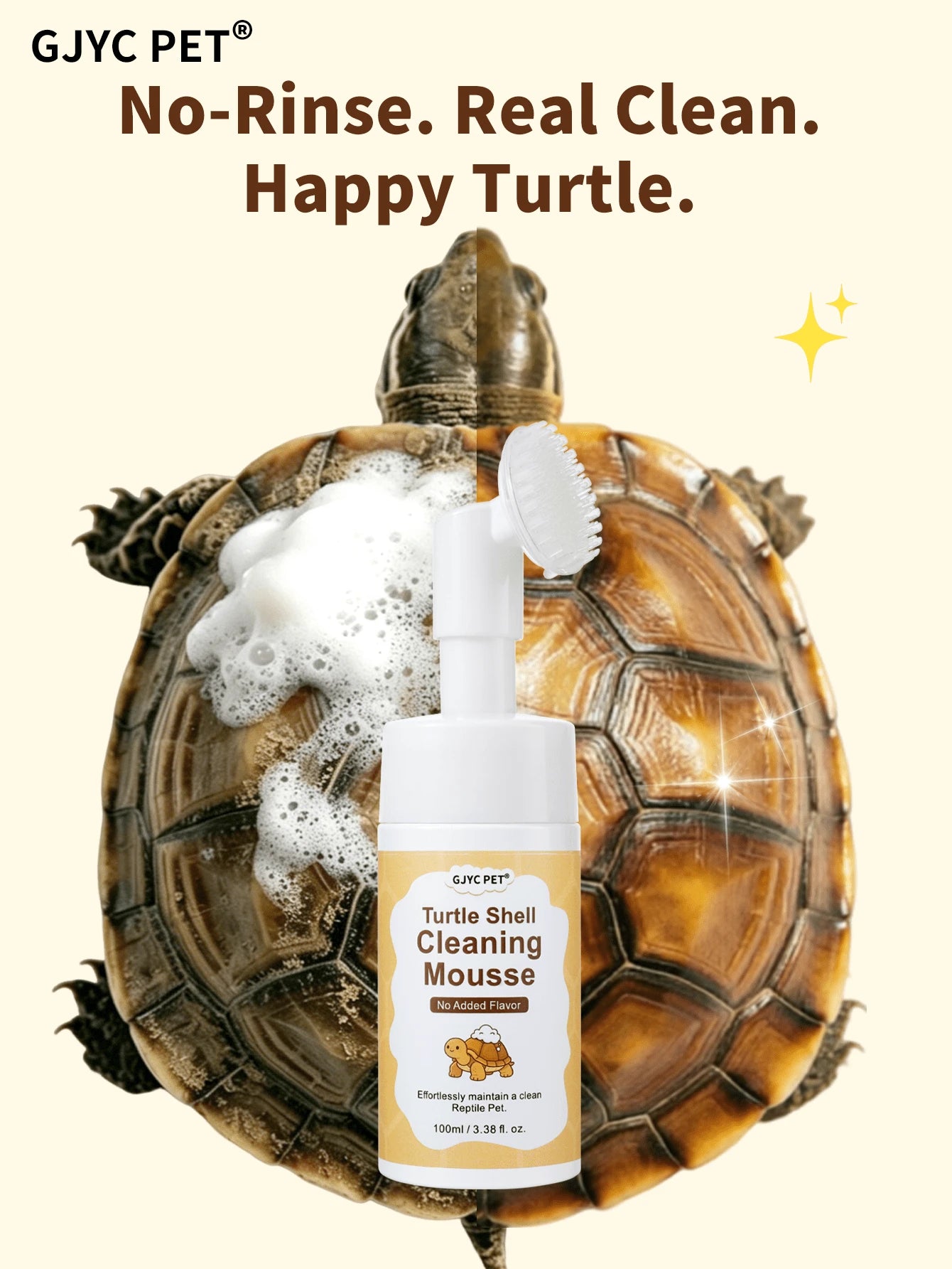 GJYC PET Turtle Shell Cleaning Mousse – Foaming No-Rinse Cleaner For Tortoise Shell, With Soft Silicone Brush Head, Removes Dirt & Odor, Gentle Plant-Based Formula – 3.38 Fl Oz