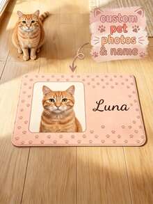 1pc Custom Cat Photo & Name Pet Feeding Mat, Personalized Pink Paw Print Food Mat