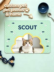 1pc Custom Cat Photo & Name Pet Feeding Mat, Personalized Pink Paw Print Food Mat