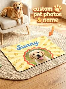 1pc Custom Cat Photo & Name Pet Feeding Mat, Personalized Pink Paw Print Food Mat