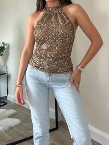 Lucivie Women's Elegant Coffee Brown Sequin Sparkly Halter Neck Top,Seksi Chic Backless Ruched Sleeveless Cami Blouse For Summer,Club Night,Party & Wedding