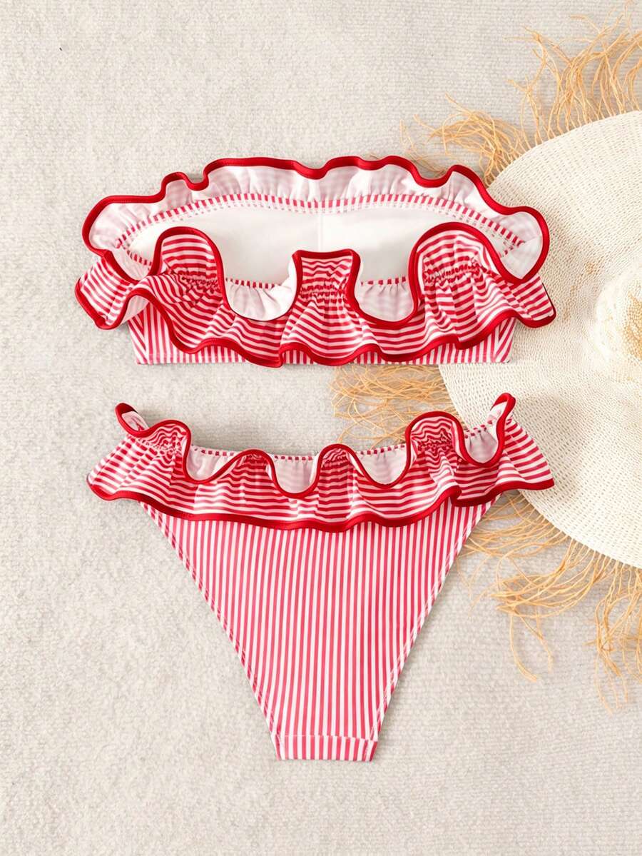 Ženski kupaći  Plava Prugasta Tkanina Talasasti Ruffles Trim
