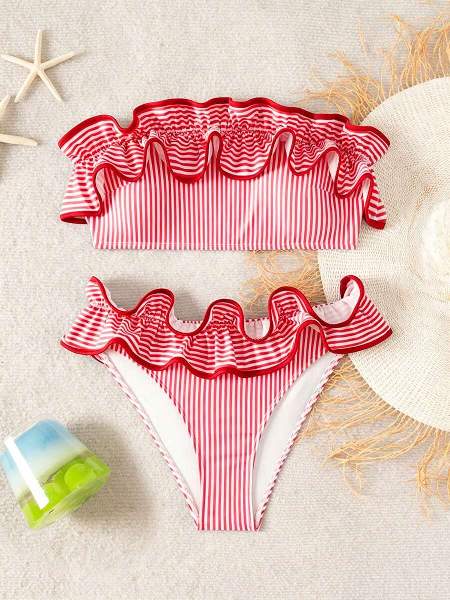 Ženski kupaći  Plava Prugasta Tkanina Talasasti Ruffles Trim