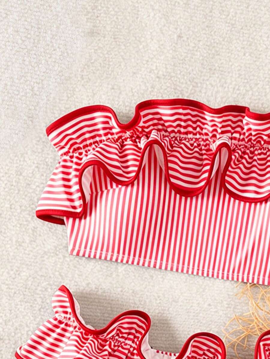 Ženski kupaći  Plava Prugasta Tkanina Talasasti Ruffles Trim