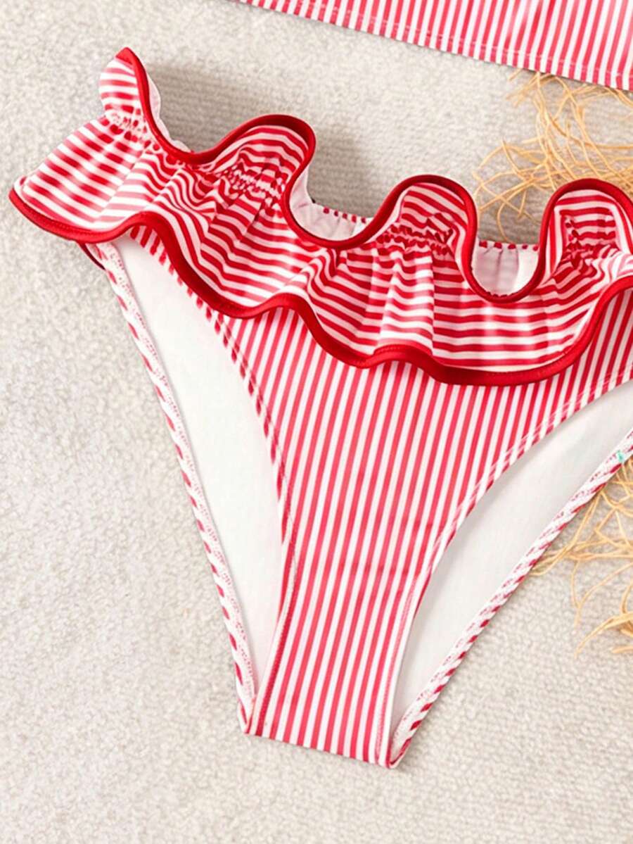 Ženski kupaći  Plava Prugasta Tkanina Talasasti Ruffles Trim