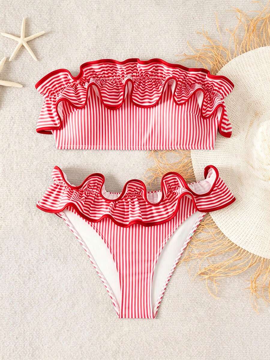 Ženski kupaći  Plava Prugasta Tkanina Talasasti Ruffles Trim
