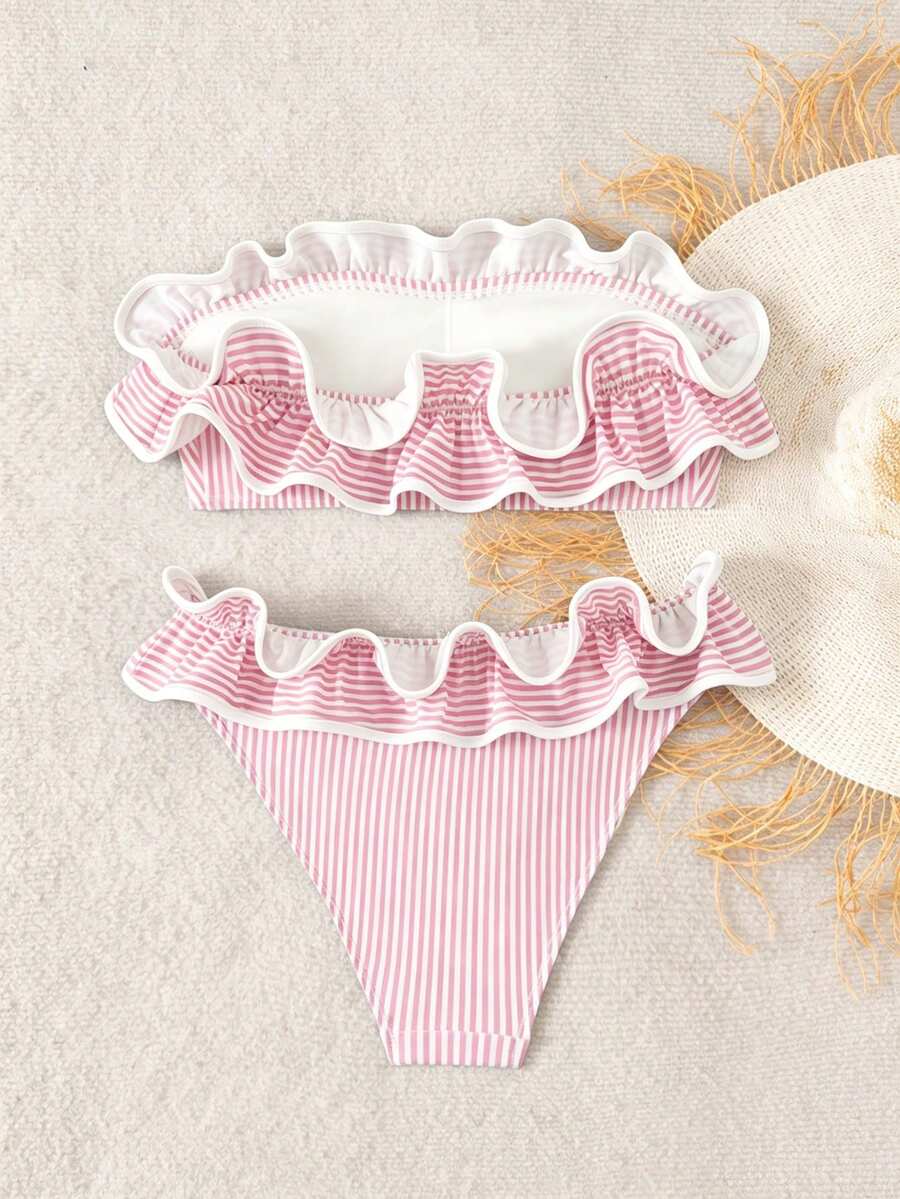 Ženski kupaći  Plava Prugasta Tkanina Talasasti Ruffles Trim