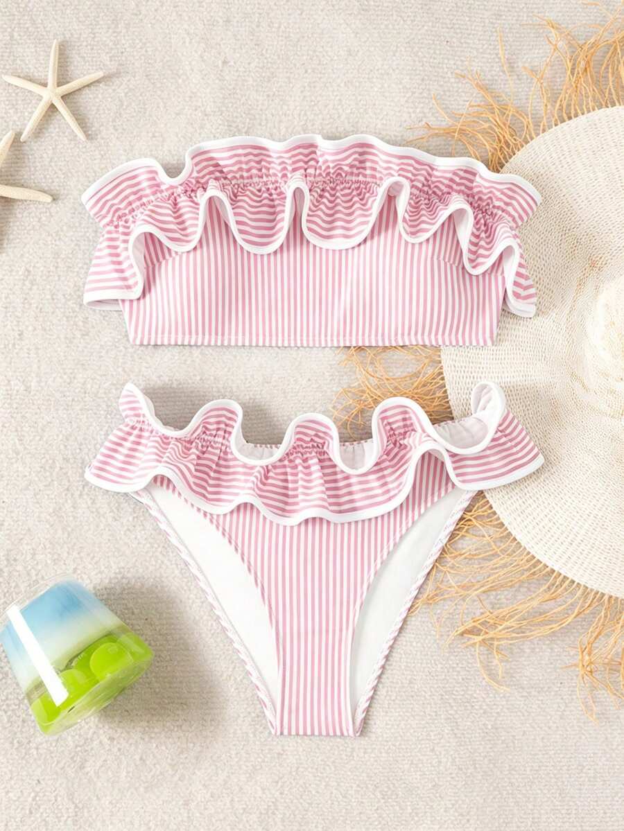 Ženski kupaći  Plava Prugasta Tkanina Talasasti Ruffles Trim