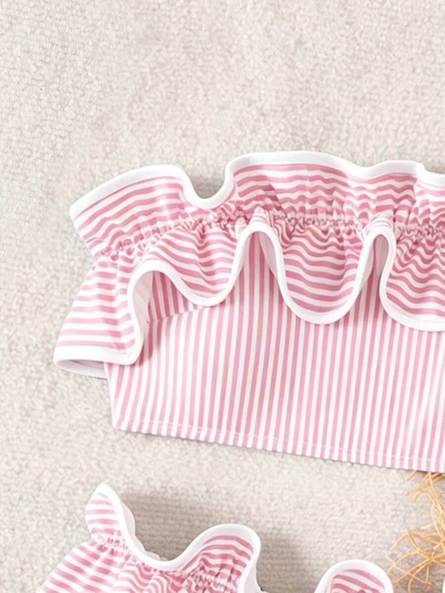 Ženski kupaći  Plava Prugasta Tkanina Talasasti Ruffles Trim