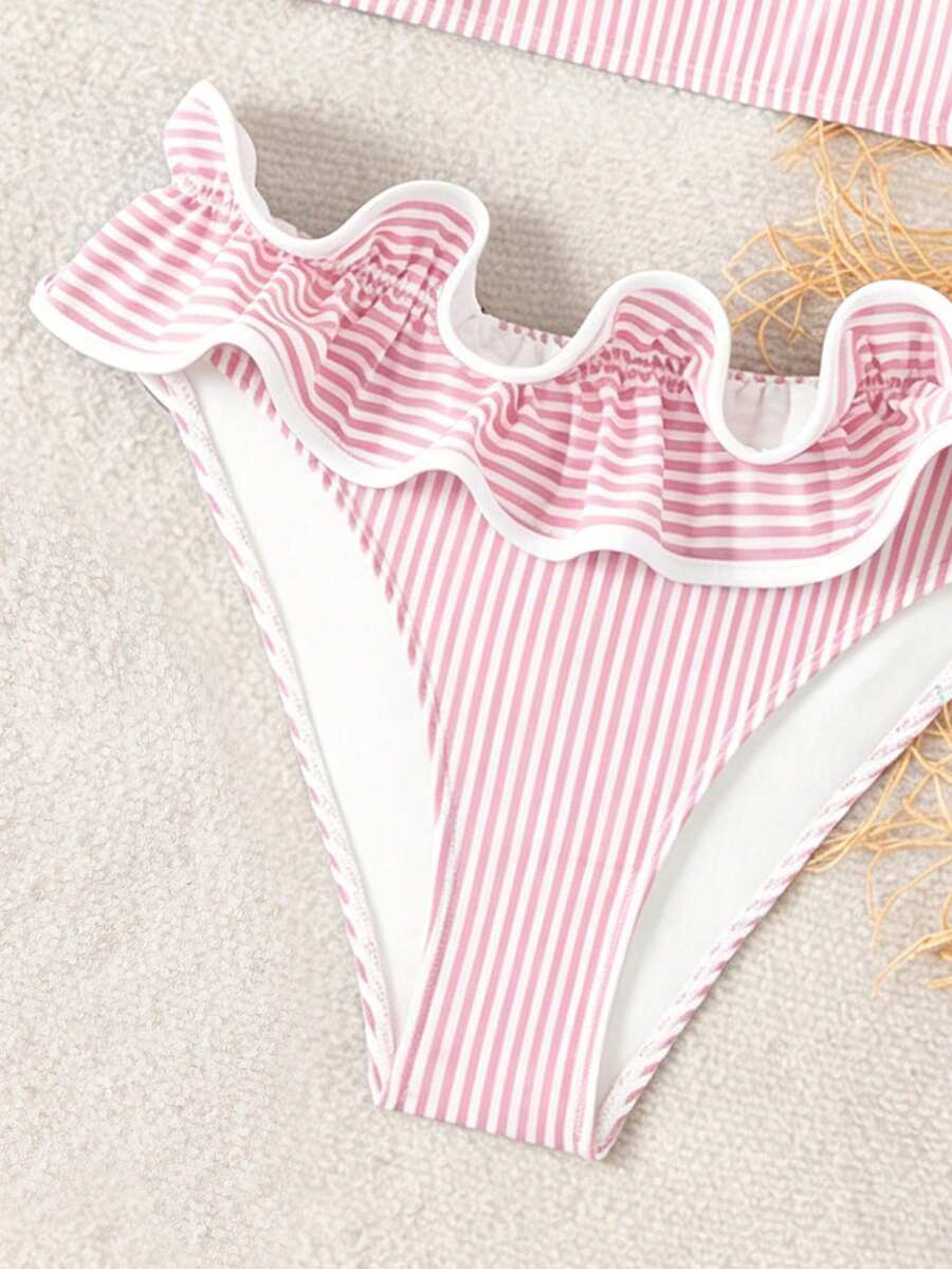 Ženski kupaći  Plava Prugasta Tkanina Talasasti Ruffles Trim