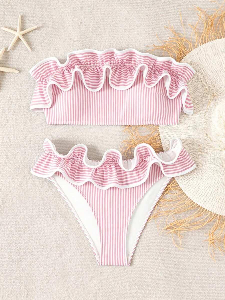Ženski kupaći  Plava Prugasta Tkanina Talasasti Ruffles Trim