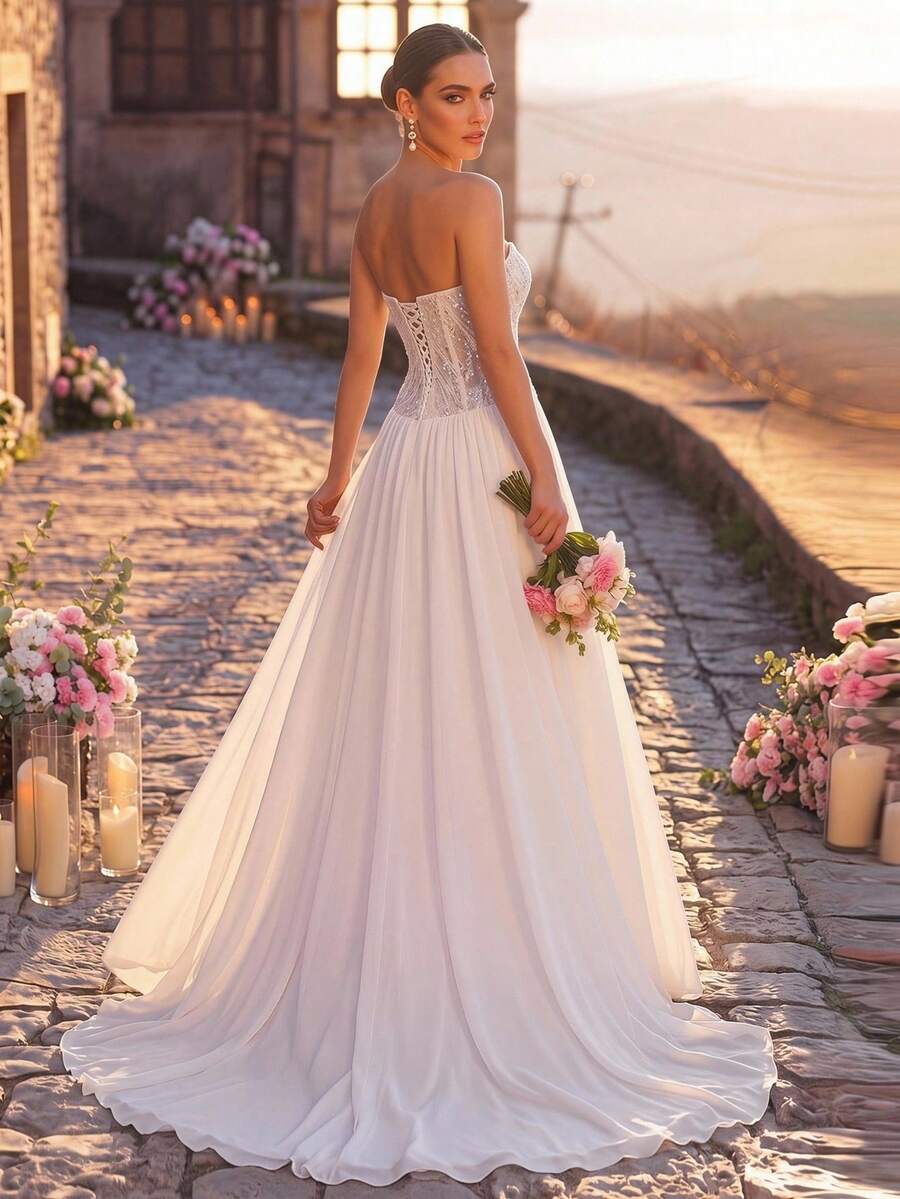 Elegantna bela svečana haljina za zabavu i maturu, luksuzna maksi