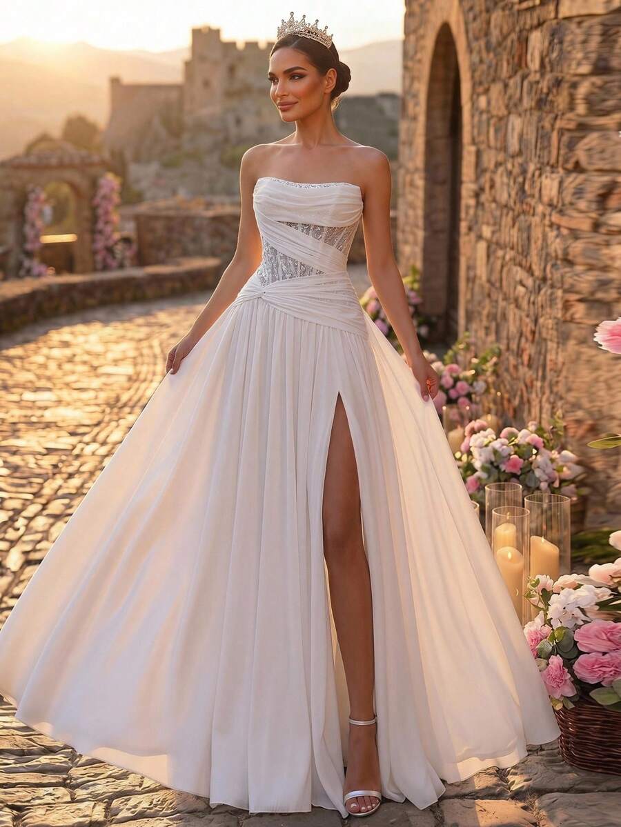 Elegantna bela svečana haljina za zabavu i maturu, luksuzna maksi