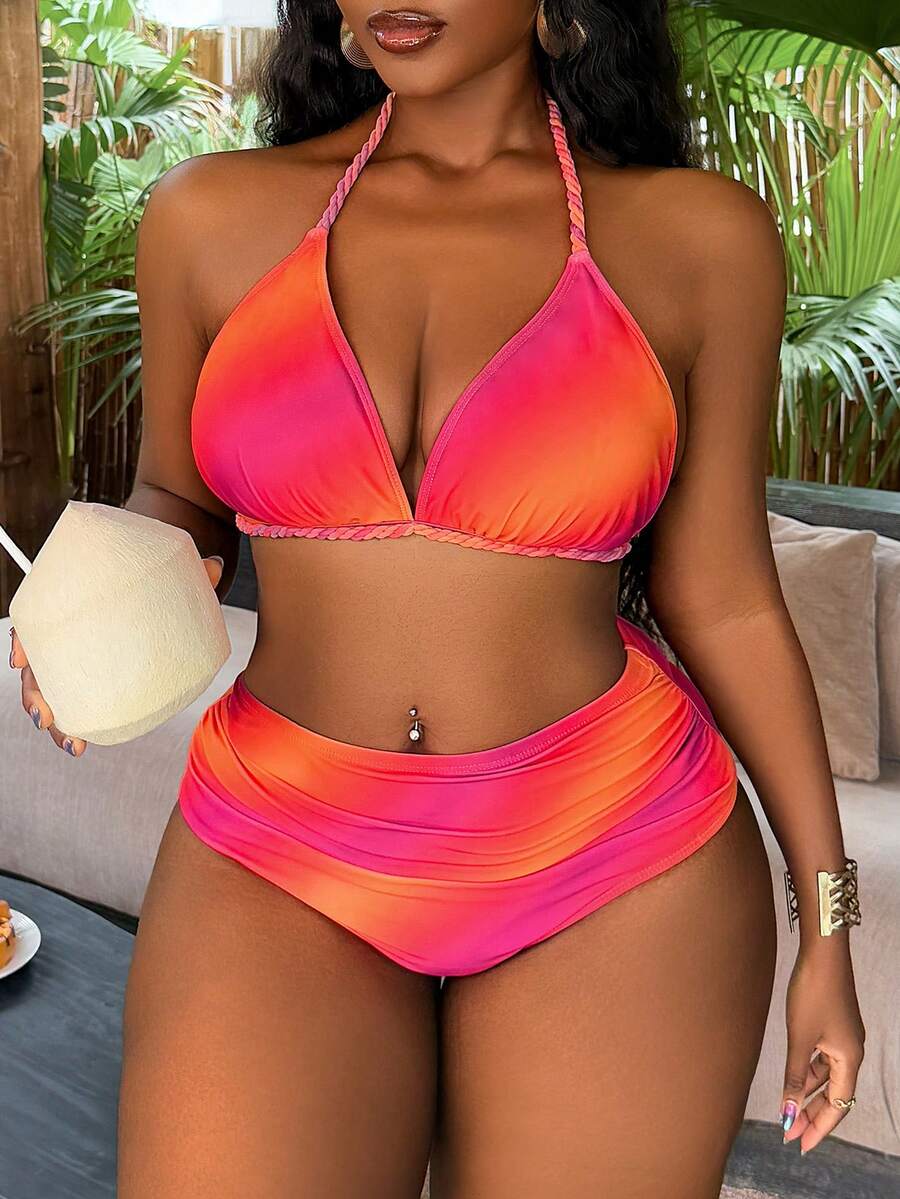 Ženski set za plažu za proleće/leto, bikini sa halter izrezom i trouglastim gornjim delom, plus size