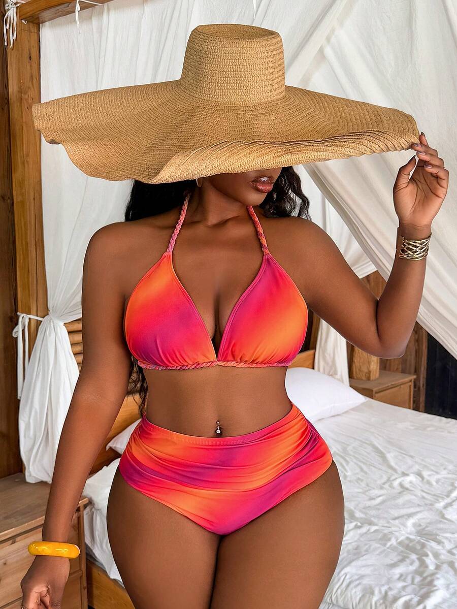 Ženski set za plažu za proleće/leto, bikini sa halter izrezom i trouglastim gornjim delom, plus size