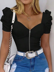 INAWLY Fitted Sexy V-Neck Zipper Front Short Sleeve T-Shirt