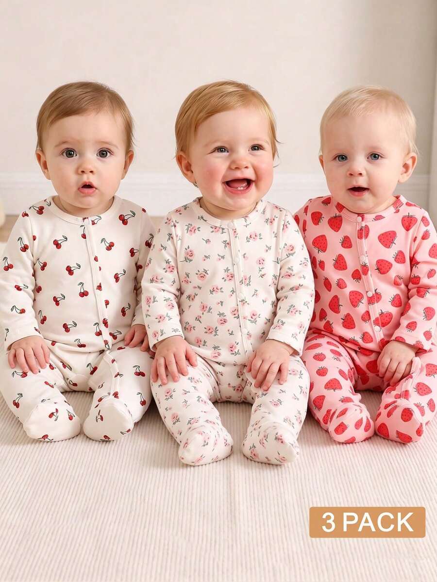 3 komada dečijih kombinezona za devojčice, slatki i nežni, roze i krem, rebrasti sa printom višnje
