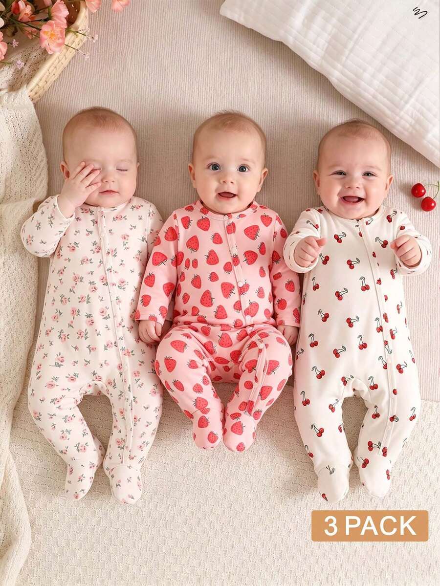 3 komada dečijih kombinezona za devojčice, slatki i nežni, roze i krem, rebrasti sa printom višnje