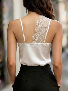 SHEIN Women's Lace Patchwork Solid Color Sheer Elegant Camisole