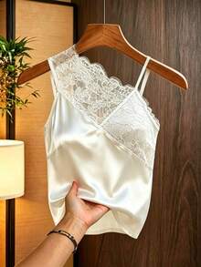 SHEIN Women's Lace Patchwork Solid Color Sheer Elegant Camisole