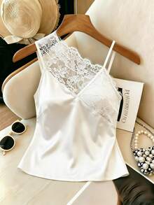 SHEIN Women's Lace Patchwork Solid Color Sheer Elegant Camisole