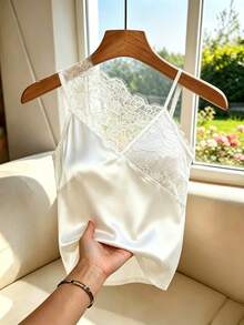 SHEIN Women's Lace Patchwork Solid Color Sheer Elegant Camisole