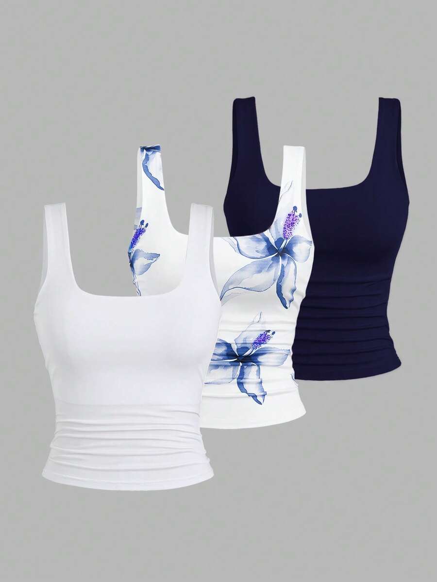 Sweetra Ženska Letnja Majica – Kvadratni Izrez, Nabran Slim Fit Casual Top