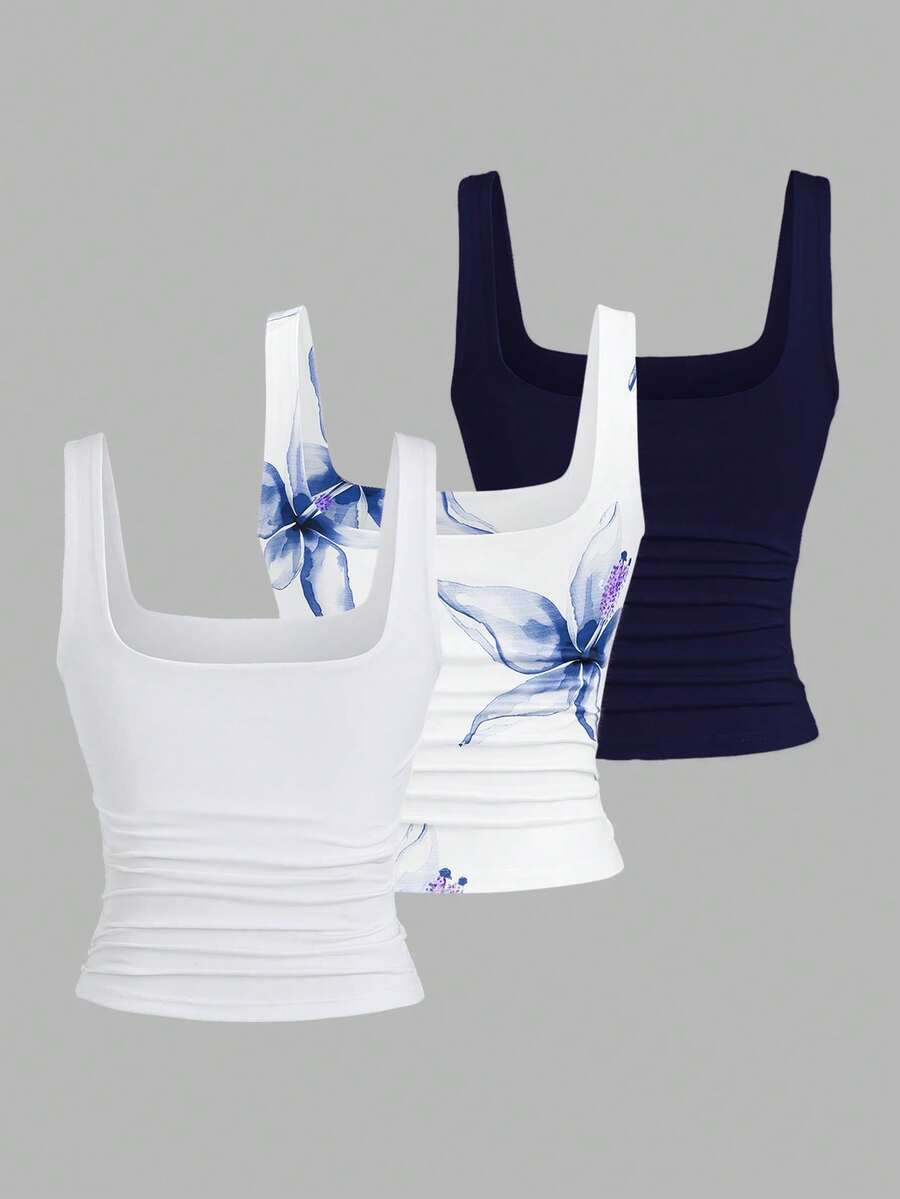 Sweetra Ženska Letnja Majica – Kvadratni Izrez, Nabran Slim Fit Casual Top