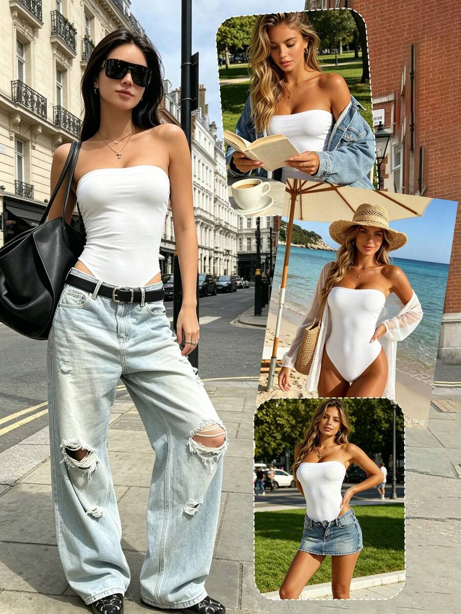 Ženski bandeau body, letnji top bez kaiševa i leđa, uski kroj
