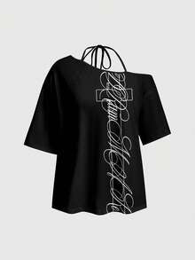 ROMWE Grunge Punk Women's Asymmetrical Shoulder Cross Neck T-Shirt