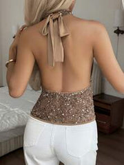 Lucivie Women's Elegant Coffee Brown Sequin Sparkly Halter Neck Top,Seksi Chic Backless Ruched Sleeveless Cami Blouse For Summer,Club Night,Party & Wedding