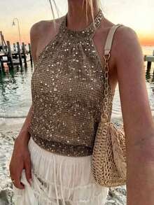 Lucivie Women's Elegant Coffee Brown Sequin Sparkly Halter Neck Top,Seksi Chic Backless Ruched Sleeveless Cami Blouse For Summer,Club Night,Party & Wedding