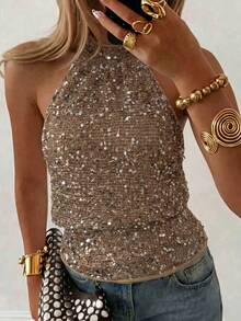 Lucivie Women's Elegant Coffee Brown Sequin Sparkly Halter Neck Top,Seksi Chic Backless Ruched Sleeveless Cami Blouse For Summer,Club Night,Party & Wedding