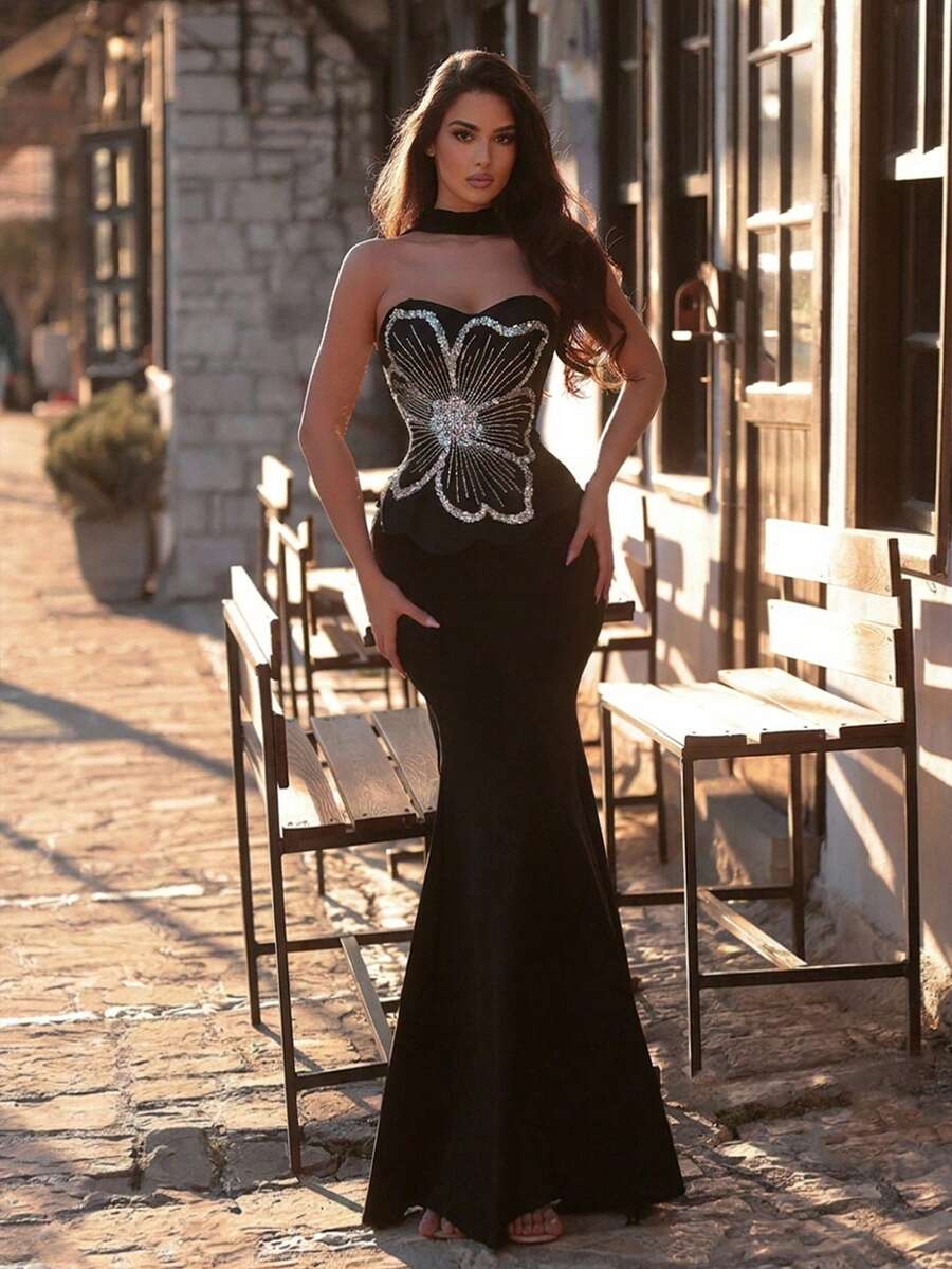 Elegantna formalna večernja haljina za žene u stilu sirene  sa cvetnim aplikacijama