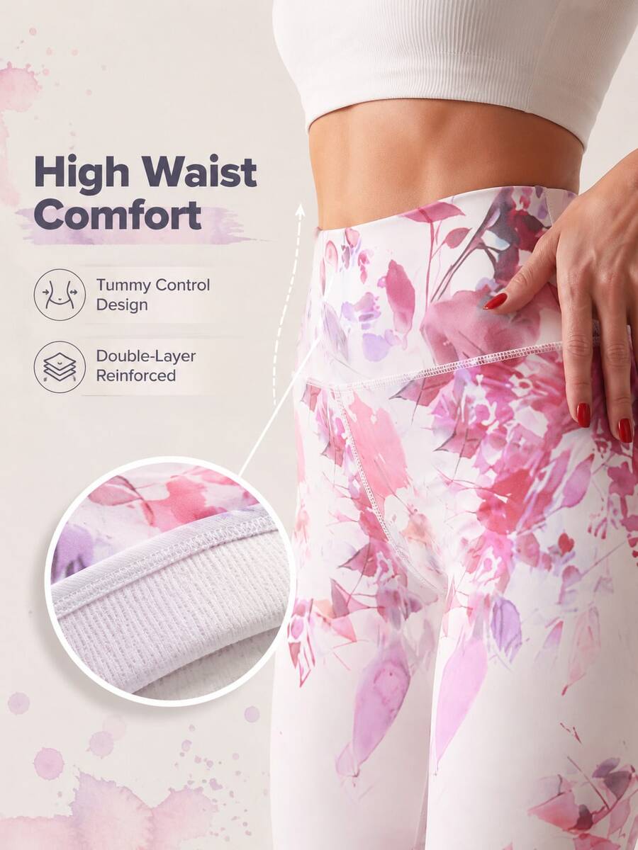Ženske sportske helanke za jogu sa ružičastim cvetnim printom, elastične fitnes sportske pantalone