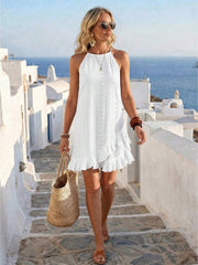 SHEIN Vacation Casual Solid Color Halter Neck Ruffle Hem Dress
